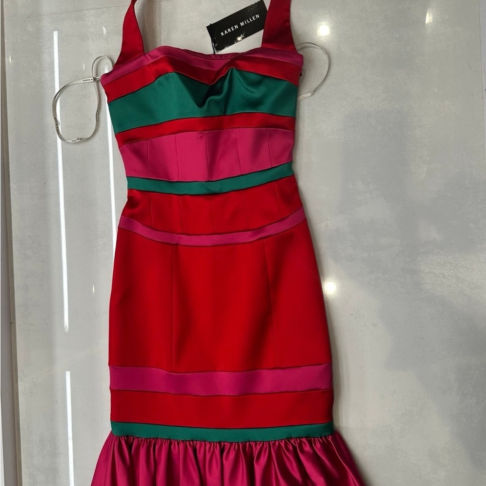 Karen Millen Elegant Pink and Green Colorblock Dress - Picture 3 of 4